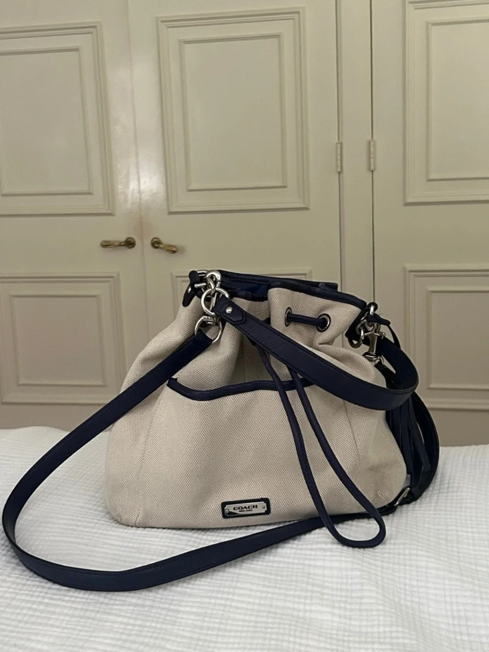Coach Canvas + Navy Leather Drawstring Shoulder Bucket Bag Silver Hardware